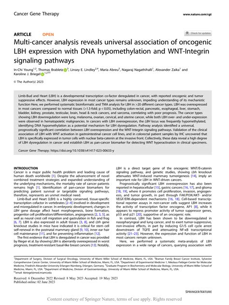 (PDF) Multi-cancer analysis reveals universal association of oncogenic LBH expression with DNA ...