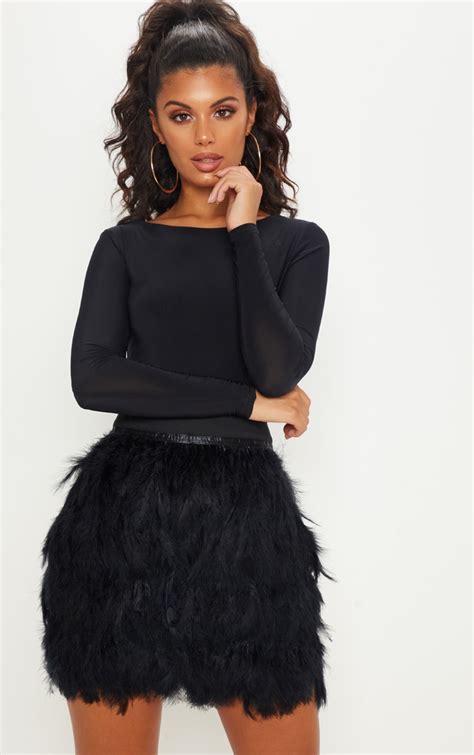 Black Tiered Feather Mini Skirt | Skirts | PrettyLittleThing