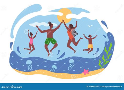 African American Family Having Fun in the Sea Stock Vector - Illustration of mother, active ...