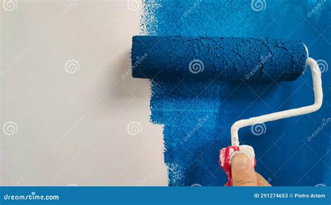 Roller with Blue Paint on a White Wall Stock Image - Image of design ...