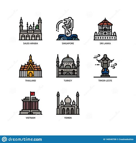 Asian Cities and Counties Landmarks Icons Set Stock Vector ...