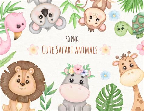 Cute Safari Animals Clipart Jungle Baby Shower Tropical Art - Etsy