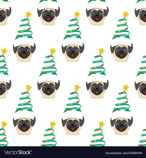 Pug in christmas tree costume seamless pattern Vector Image