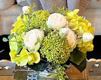 French Country Peony Arrangement in Vase, White Floral Arrangement, Real Touch Green Hydrangea ...
