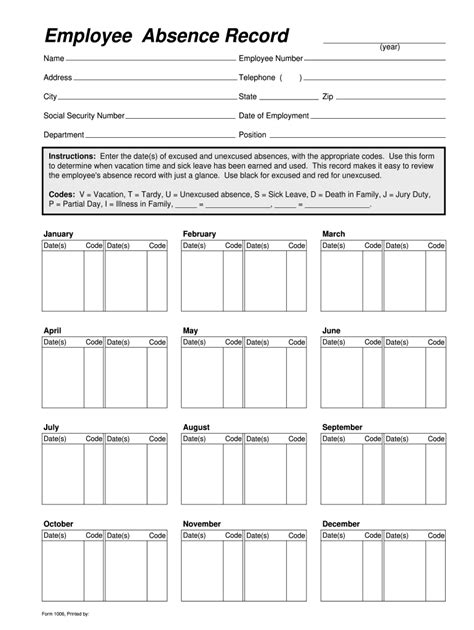 Employee Absence Record Form - Fill Online, Printable, Fillable, Blank | pdfFiller