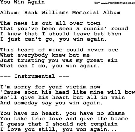 Hank Williams song: You Win Again, lyrics