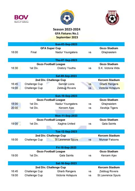 GFA Fixtures No. 1 / 2023-2024 – Gozo Football Association