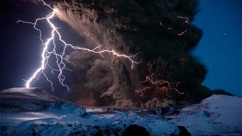 1920x1080 explosion, fire, flames, landscapes, lightning, mountains, nature, night, smoke, snow ...
