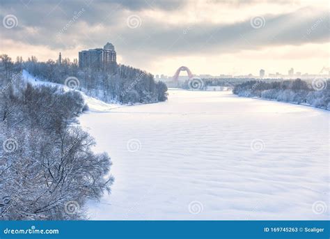 Winter Landscape in Moscow, Russia. Scenery of Moskva River Covered Ice and Snow in Sunlight ...