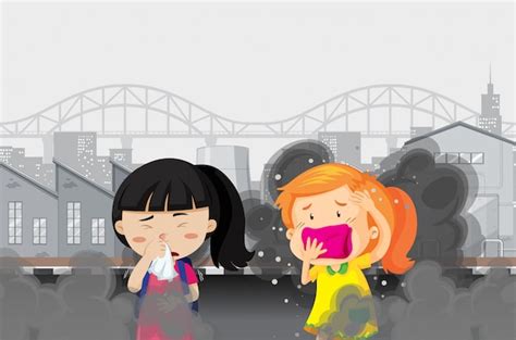 Free Vector | Air pollution with two girls in dirty smoked city