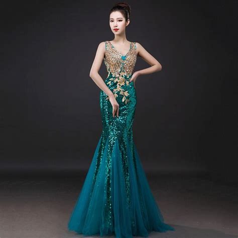 Peacock Green Fashion Evening Dresses New Mermaid V-neck Embroidery ...