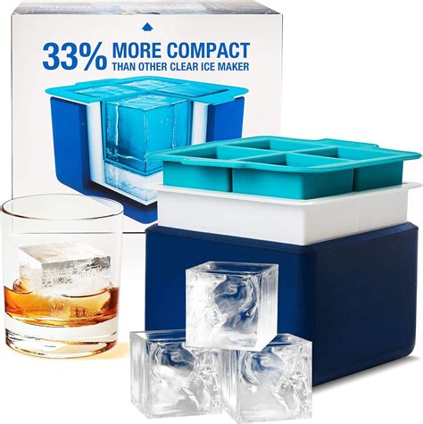 Clear Big Ice Cube Maker - Silicone Mold Trays Makes 4 Large Crystal Ice Cubes - Compact Tray ...