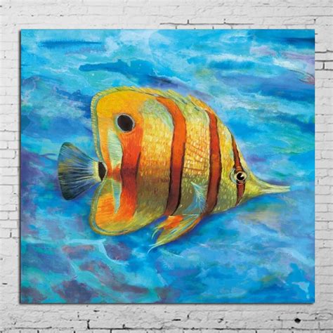 Abstract large Handpainted Canvas oil Painting colorful Fish Blue Sea ...