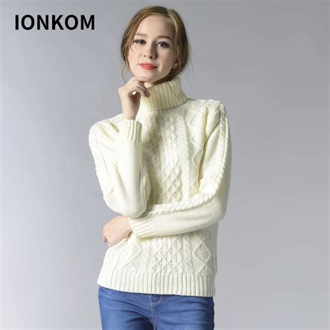 IONKOM High Neck Long Sleeve Rib Knit Jumper Turtleneck Autumn Winter Loose Pullovers Sweater ...