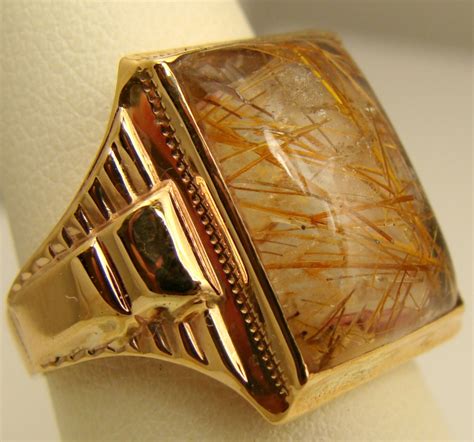 MENS ANTIQUE VINTAGE RING RUTILATED QUARTZ 10K GOLD -- Antique Price Guide Details Page