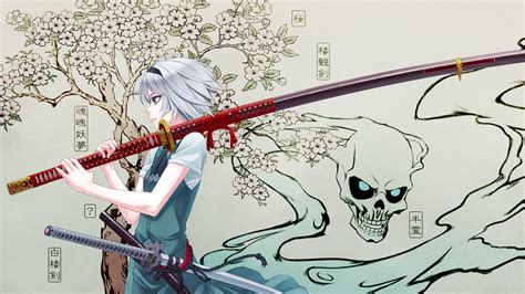 skulls, Video, Games, Touhou, Cherry, Blossoms, Trees, Dress, Blue, Eyes, Katana, Samurai ...