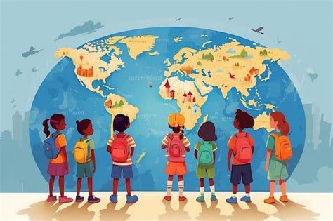 Premium Photo | Group of Children Standing around World Map