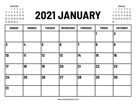 2021 January Calendar – Calendar Options