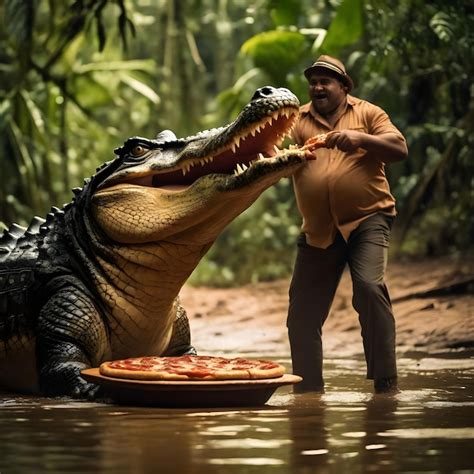 Premium Photo | A crocodile and a fat man fighting over a pizza