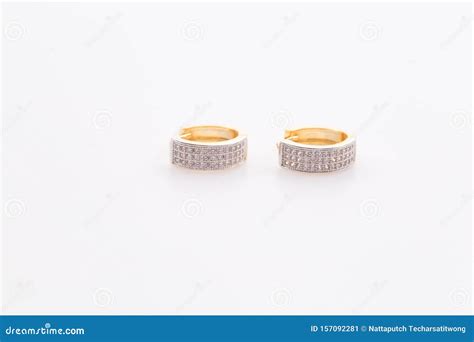 Earrings. Gold Hoop Earrings with Diamonds on the White Background Stock Image - Image of ...