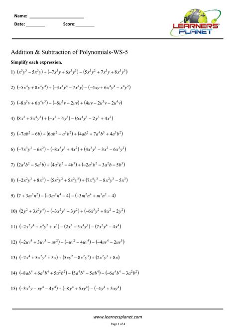 Addition And Subtraction Polynomials Worksheet