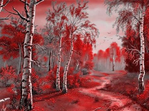 Red Forest Wallpaper | Monochromatic paintings, Forest art, Landscape paintings