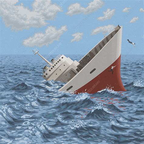 Businessmen jumping off sinking ship, illustration - Stock Image - C039 ...