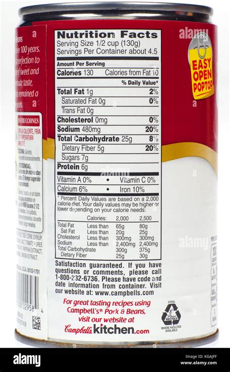 Nutrition facts label on Campbell’s Pork and Beans soup can Stock Photo ...