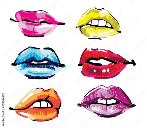 A set of lip sketches. Female lips with lipstick. Drawing markers, pop art. Stock Vector | Adobe ...