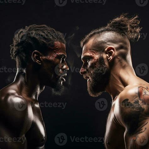 photorealistic image of two male boxers face to face. fight, duel ...