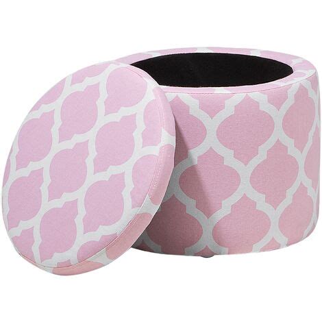 Fabric Round Storage Footstool Lift Top Quatrefoil Pink and White Tunica