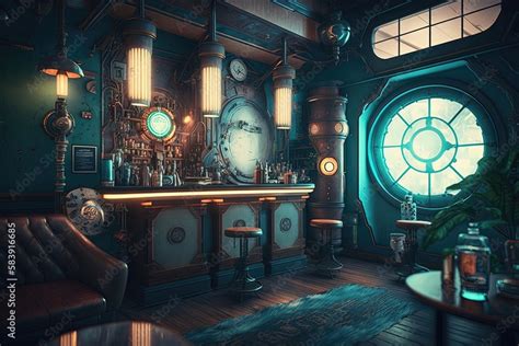 A steampunk-inspired living room with a vintage leather sofa, brass accents, and intricate ...