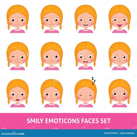 Girl Child Cute Emoji, Set Smily Emoticons Faces Stock Vector - Illustration of flat, mood: 83725949