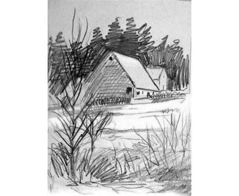 Items similar to Winter Landscape, Pencil Drawing, Winter Barn Sketch ...