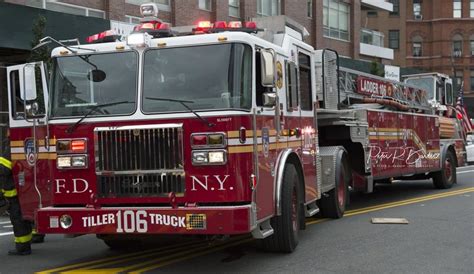 FDNY Tiller Truck 106 on a call in Queens. Volunteer Firefighter ...