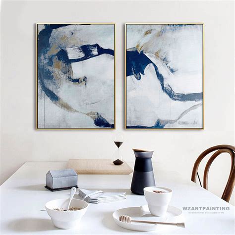 Framed Wall art Set of 2 Prints Abstract Navy Blue White Print Painting Wall Art Pictures on ...