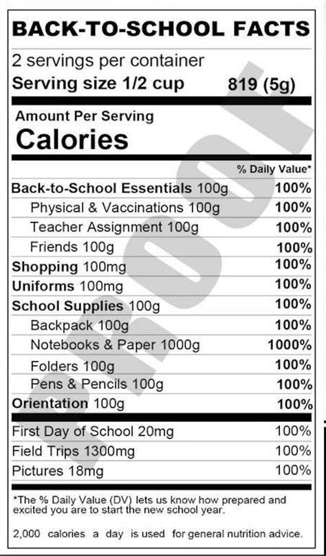 Back-to-school Nutrition Facts Label Custom Label Chip Bag Water Bottle ...