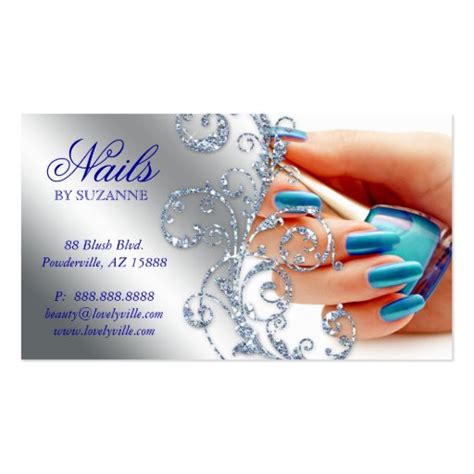 Nail Salon Business Card Glitter Blue Silver | Zazzle