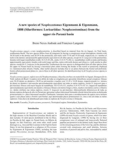 A New Species of Neoplecostomus Eigenmann & Eigenmann, 1888 ...