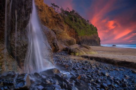 Download Pacific Ocean Oregon Coast Stone Sunset Nature Waterfall HD Wallpaper