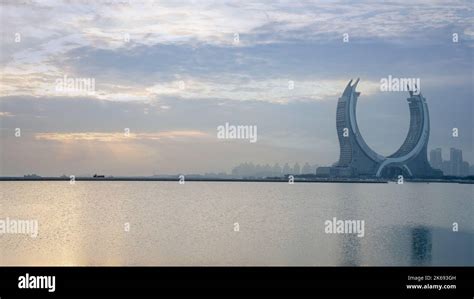 Lusail, Qatar- 19 October 2021: The beautiful newly developing city with crescent apartment and ...