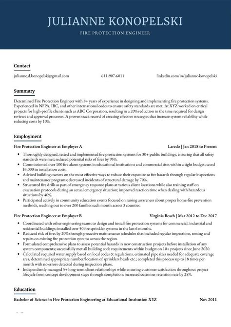 Fire Protection Engineer Resume (CV) Example and Writing Guide