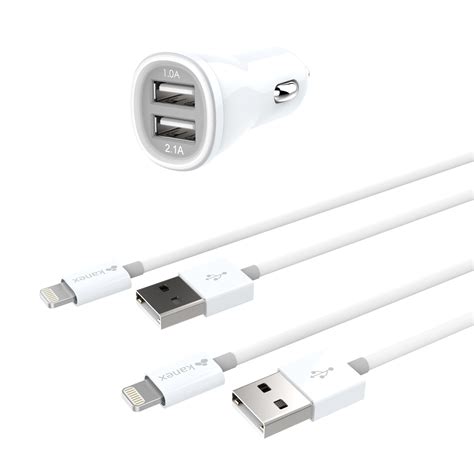 2-Port Car Charger and 2 Lightning Cables White