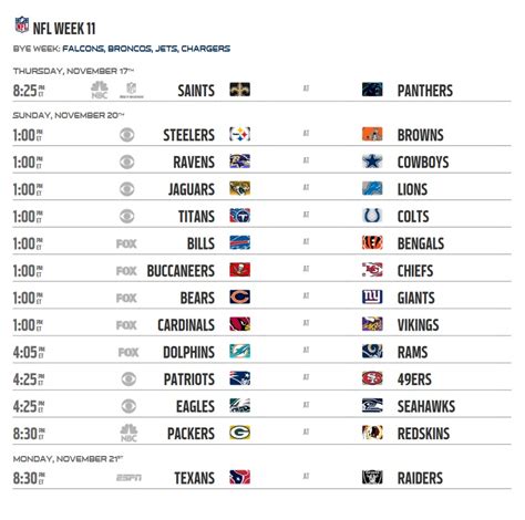 NFL 2016 Schedule Week 11 Regular Season