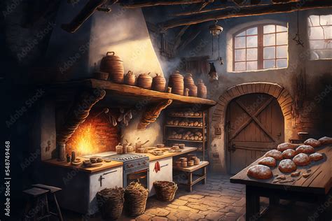 Digital illustration of a medieval interior bakery. Loafs of bread, woodfire oven with crackling ...