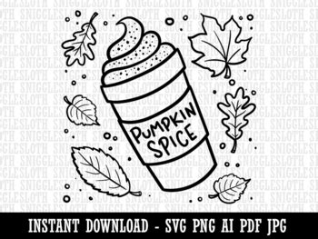 Pumpkin Spice Latte Coffee Autumn Leaves Clipart Instant Digital Download AI PDF