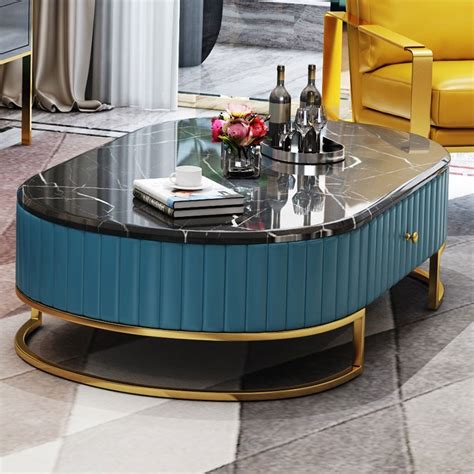 Luxury Modern 47" Oval Faux Marble Coffee Table Leather Coffee Table with 2 Drawers Gold Metal ...