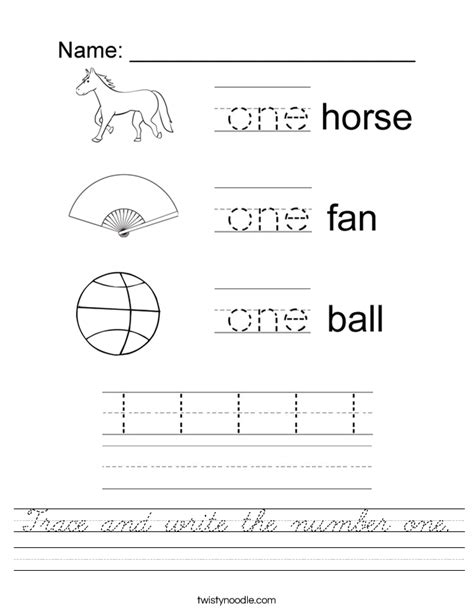 Trace and write the number one Worksheet - Cursive - Twisty Noodle