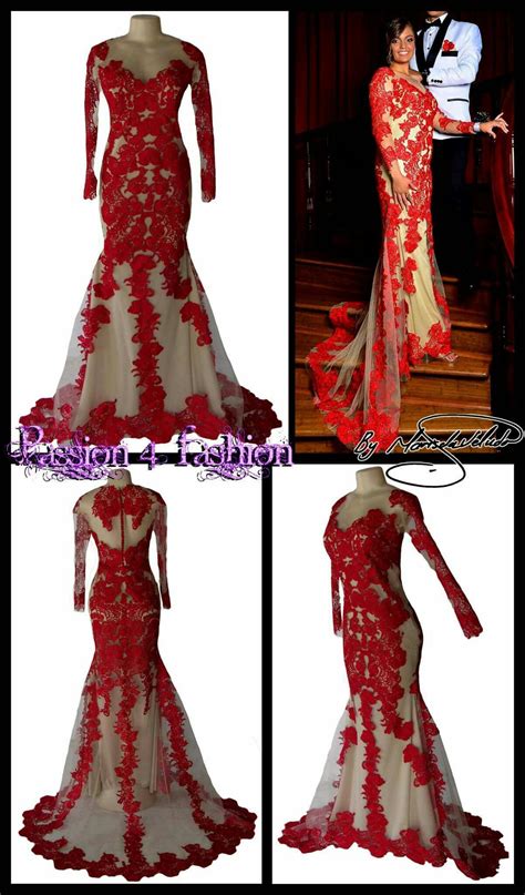 Red & tan lace matric dance dress with long illusion lace sleeves, a train and covered buttons ...