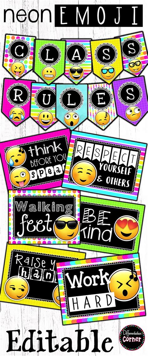 Neon Emoji Classroom Decor Classroom Rules posters and banner set includes 24 full color ...